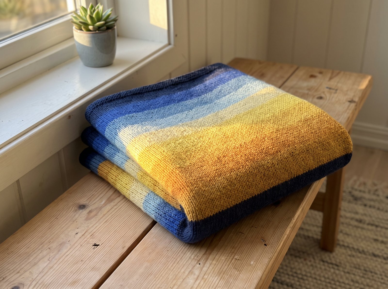 A knitted daylight blanket folded on a wooden bench in low sun, deep blue stripes fading to gold