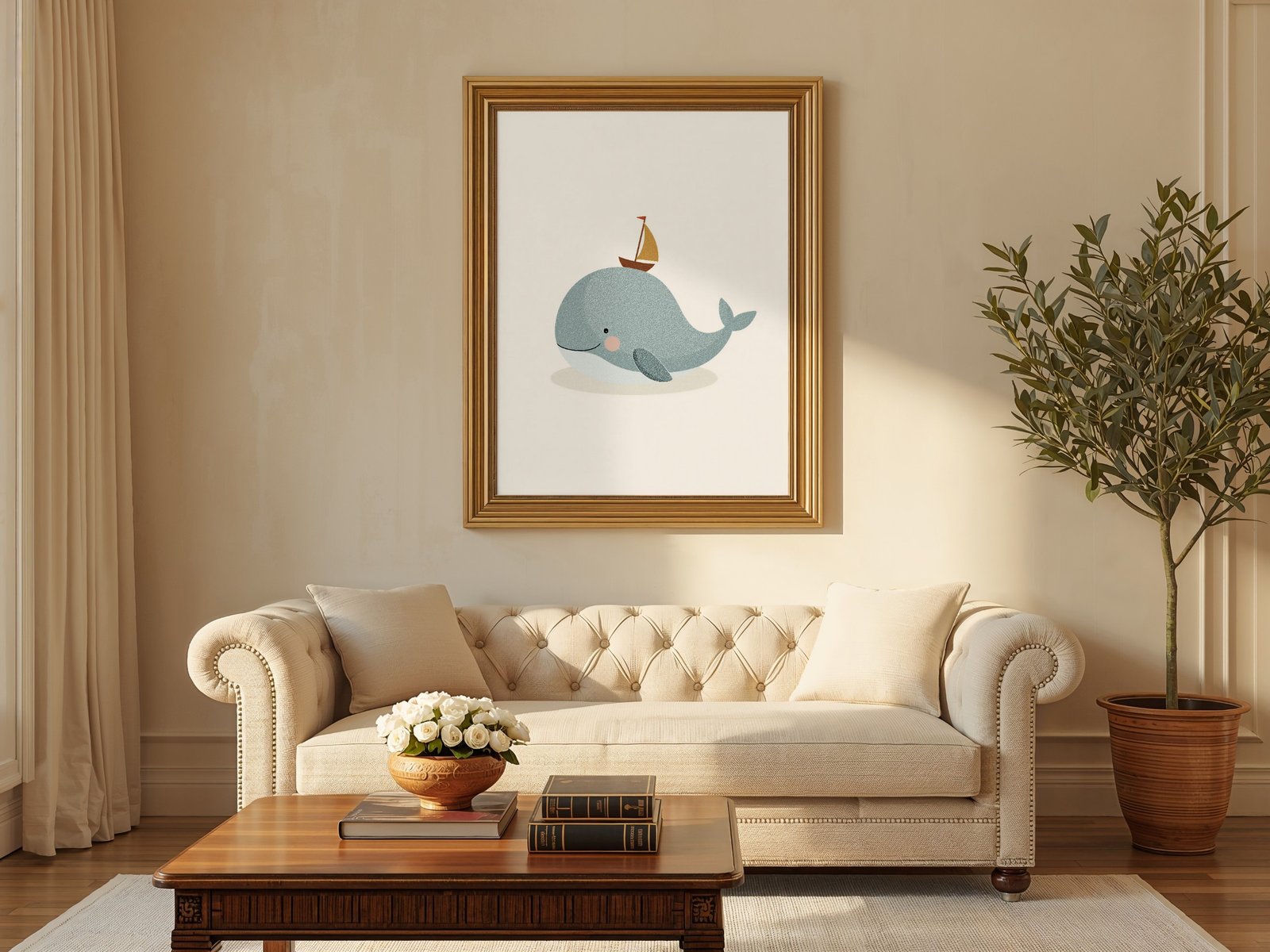 Nautical Whale with Sailboat Printable Nursery Art
