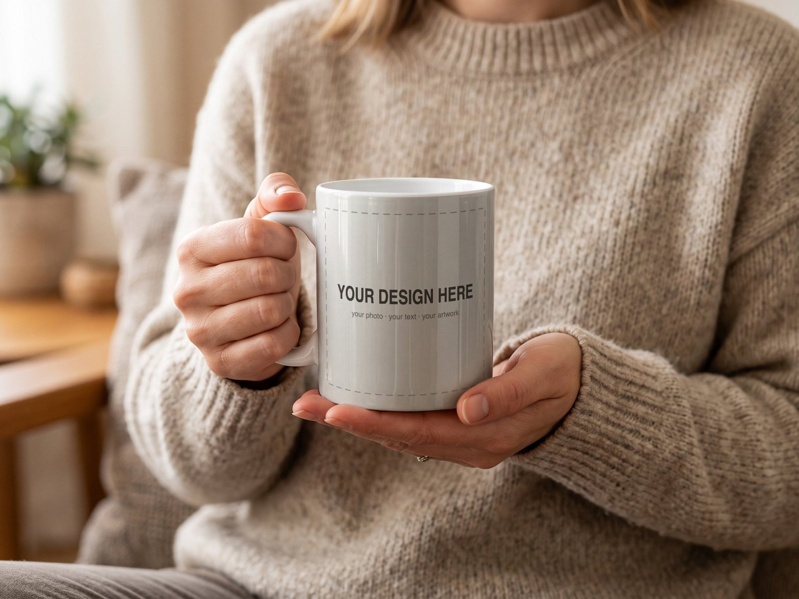 White Mug Mockup PSD, Woman Holding Mug in Knit Jumper, Autumn Scene