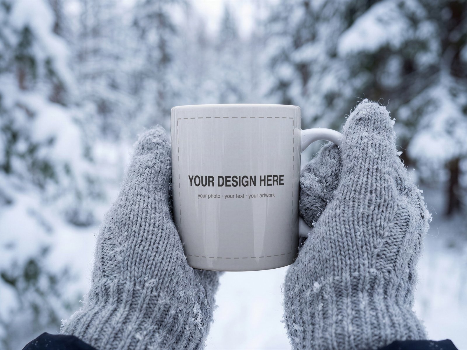 Winter Mug Mockup PSD, Mittened Hands Holding a Mug in Snow