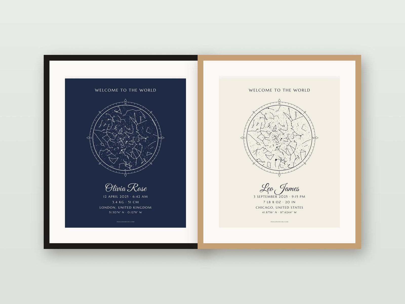 Two framed birth poster star maps: a night-blue one for Olivia Rose and a cream one for Leo James