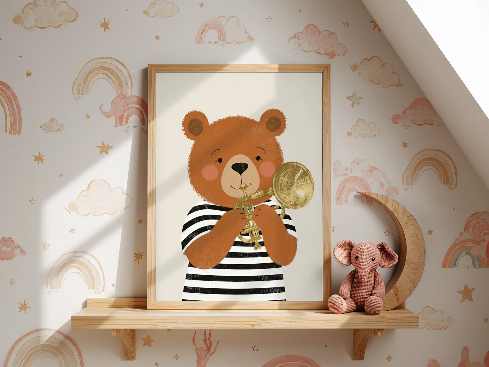 Trumpet Bear Printable Nursery Art, Bear Playing Trumpet Kids Room Print