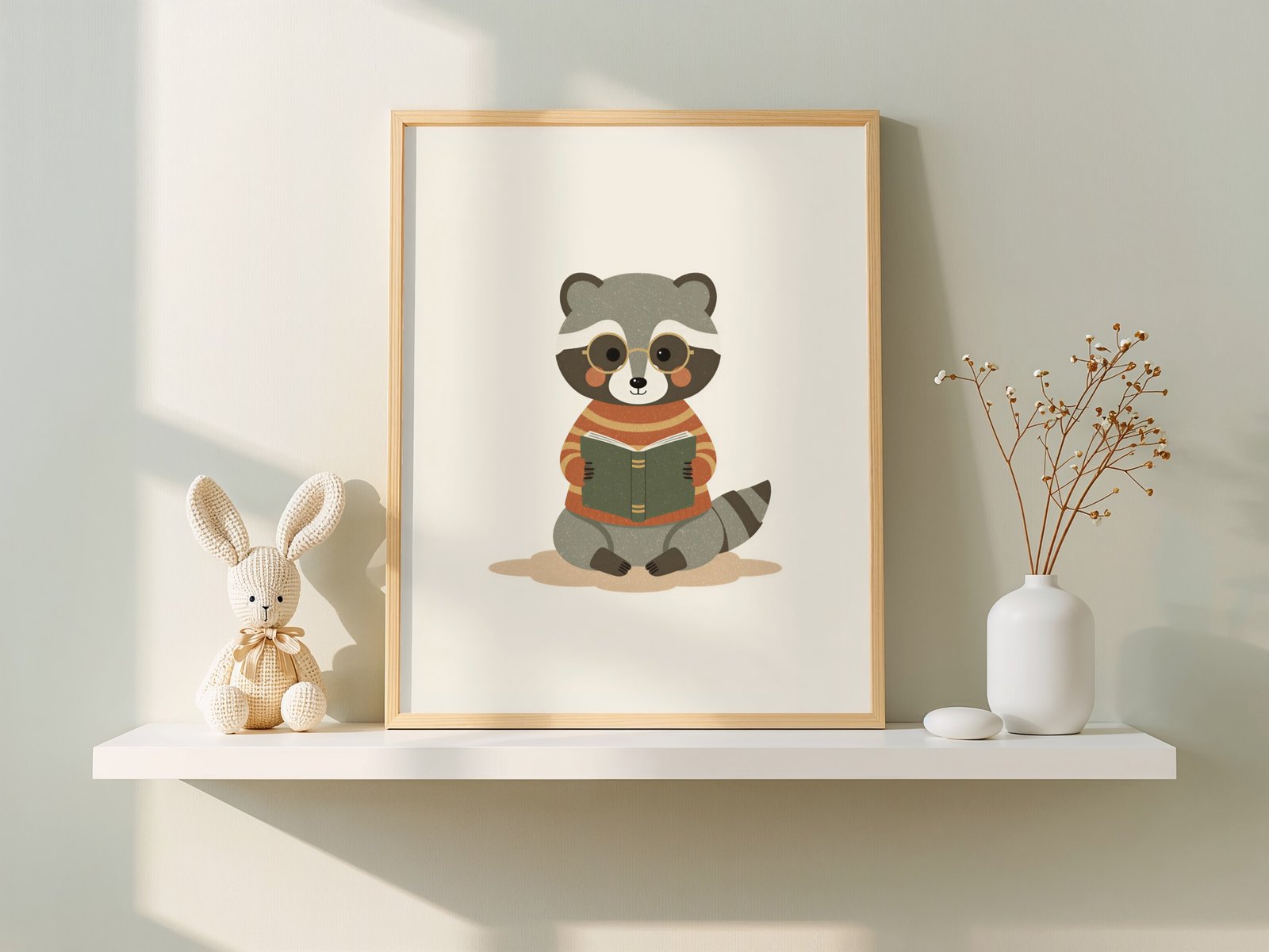 Reading Raccoon Printable Nursery Wall Art, Woodland Kids Room Print