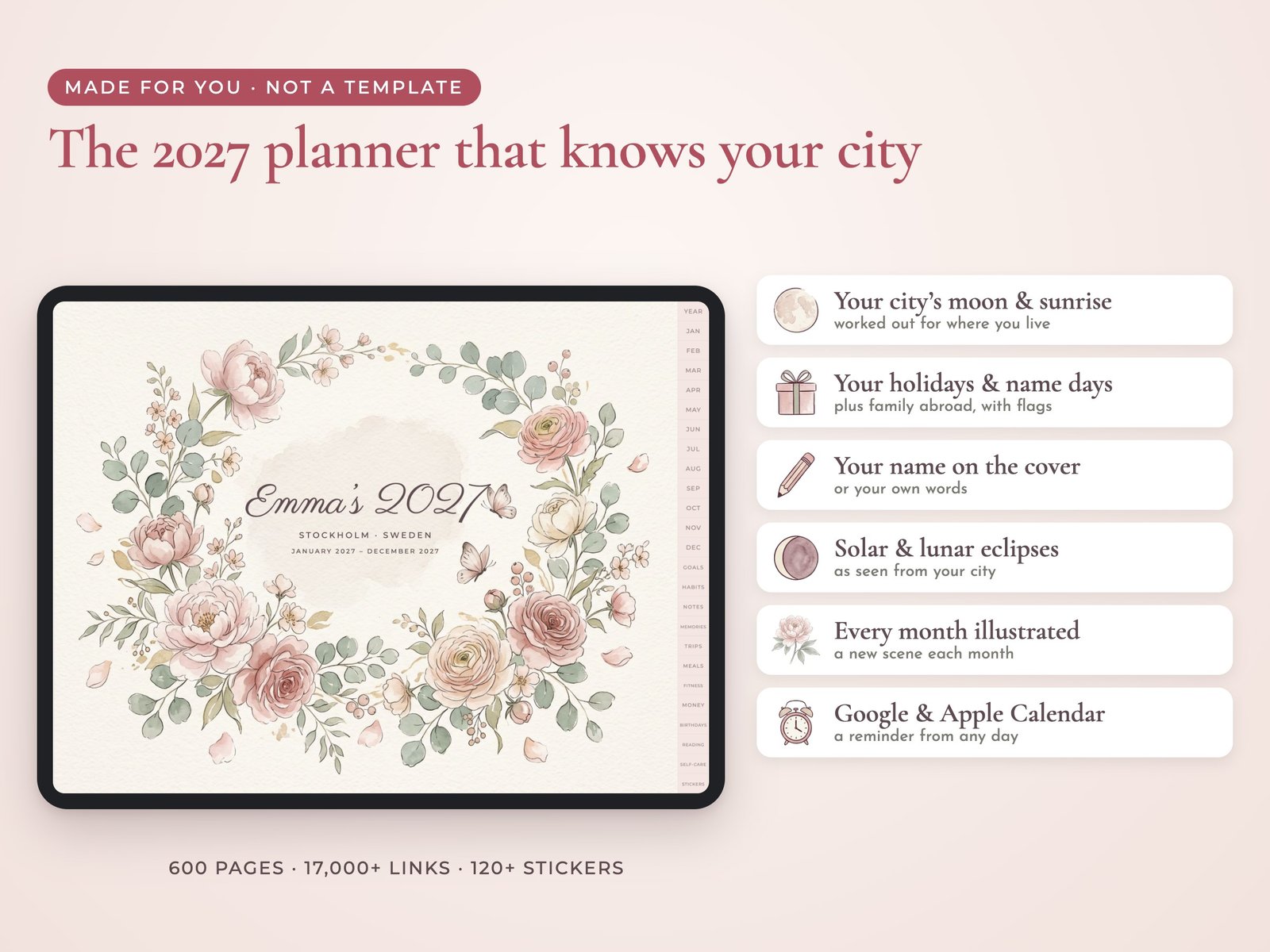 Soft Botanical Digital Planner 2027 — Personalised with Your Name, City & Holidays