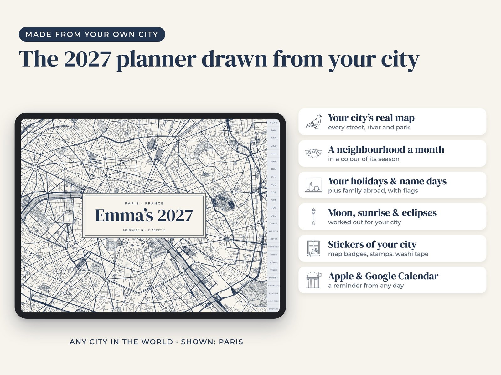 City Lines Digital Planner 2027 — Made from Your Own City's Map, with Your Name & Holidays