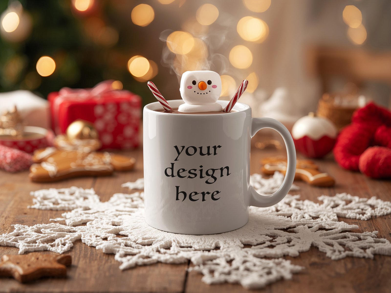 Christmas Mug Mockup PSD, White 11oz Mug with Smart Object Layer