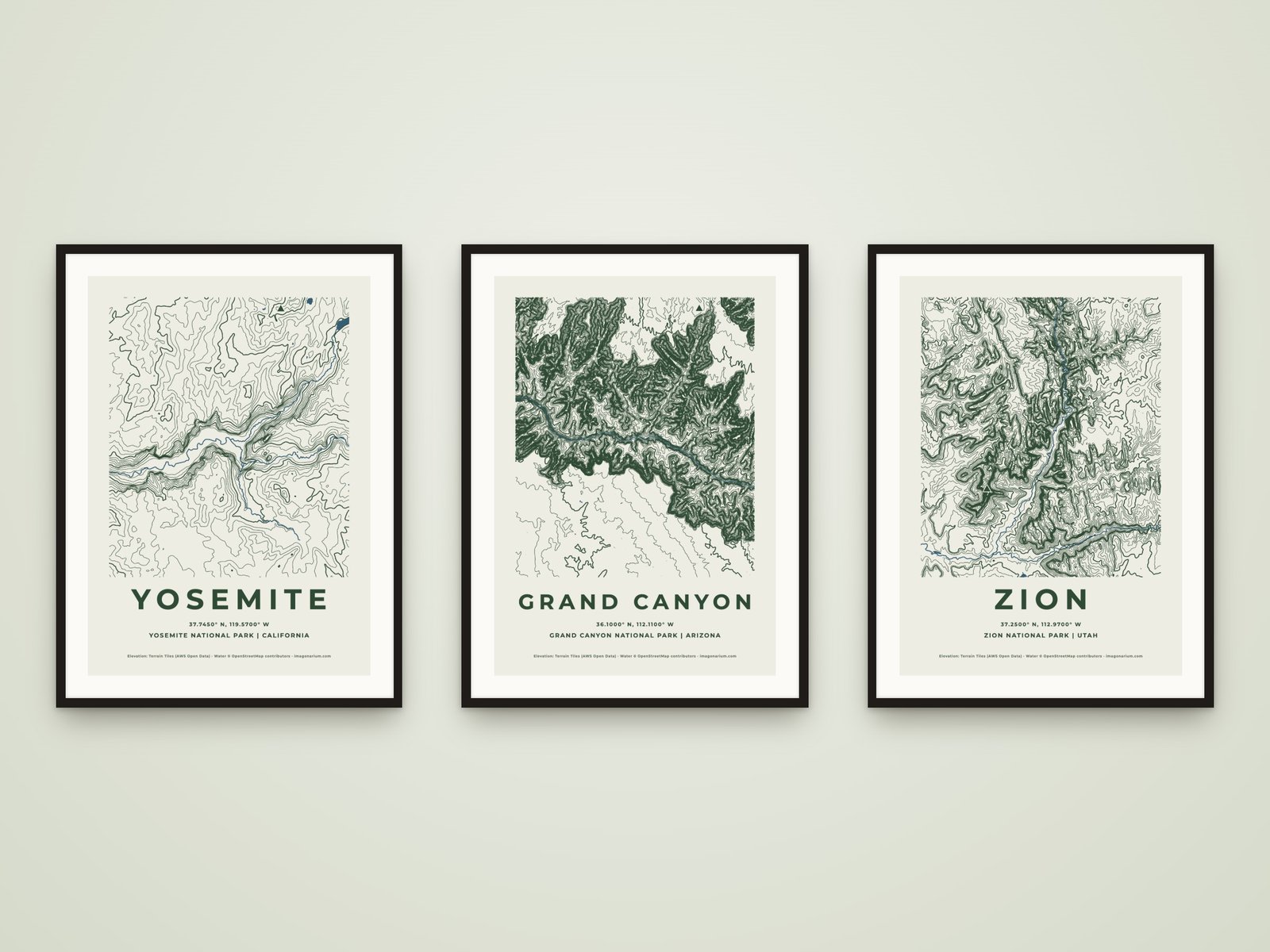 Three framed national park topographic prints: Yosemite, Grand Canyon and Zion