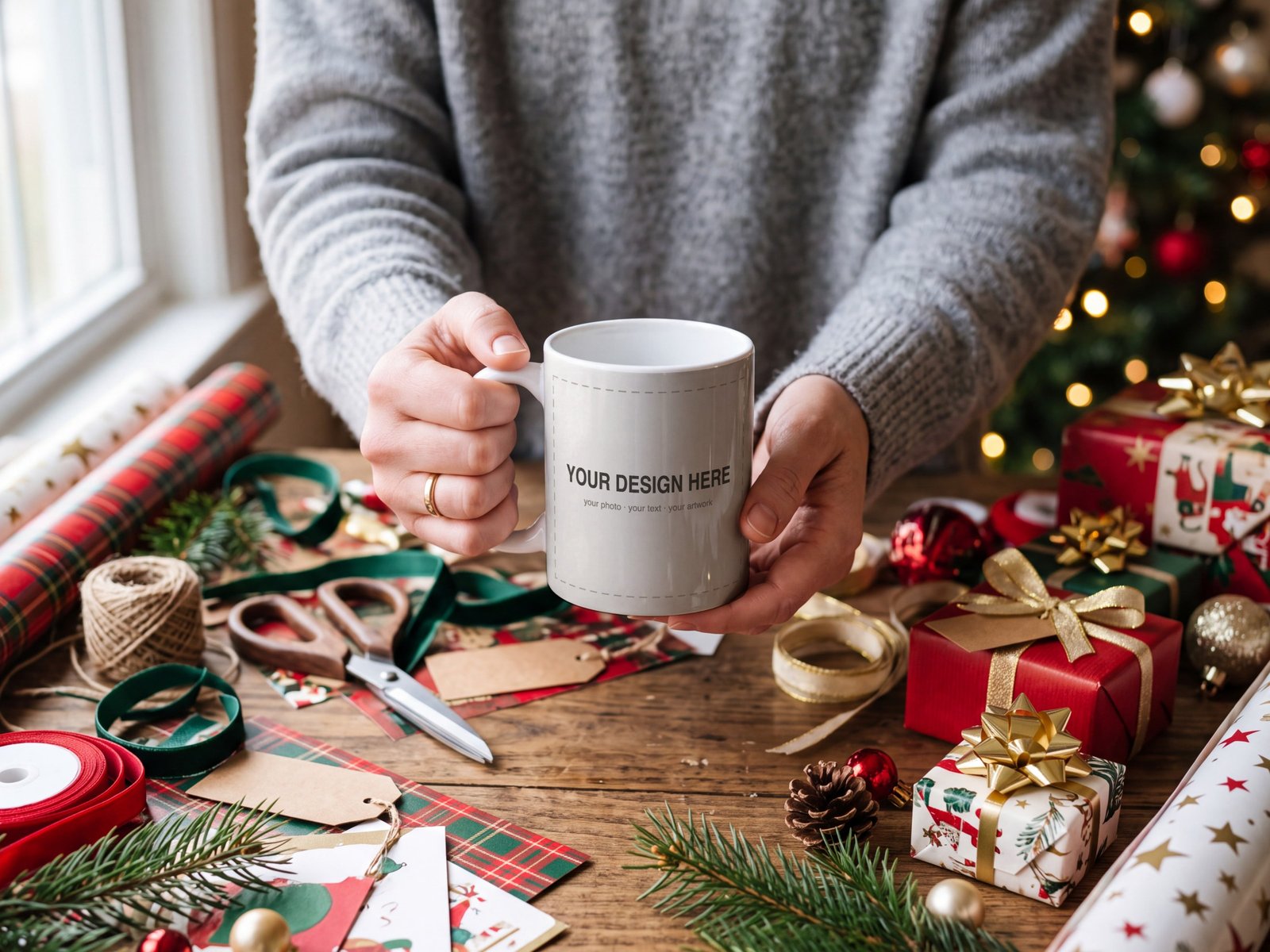 Christmas Mug Mockup PSD, Hands Holding Mug at Gift Wrapping Table
