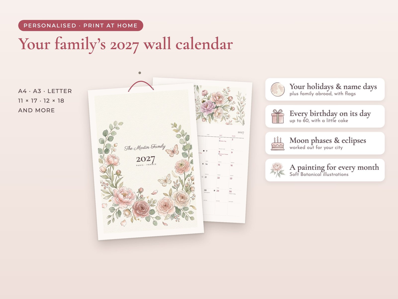 Soft Botanical family wall calendar 2027, printable and personalised