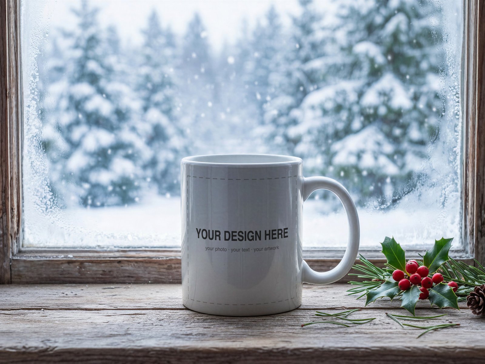 Christmas Mug Mockup PSD, Snowy Window Scene, Smart Object