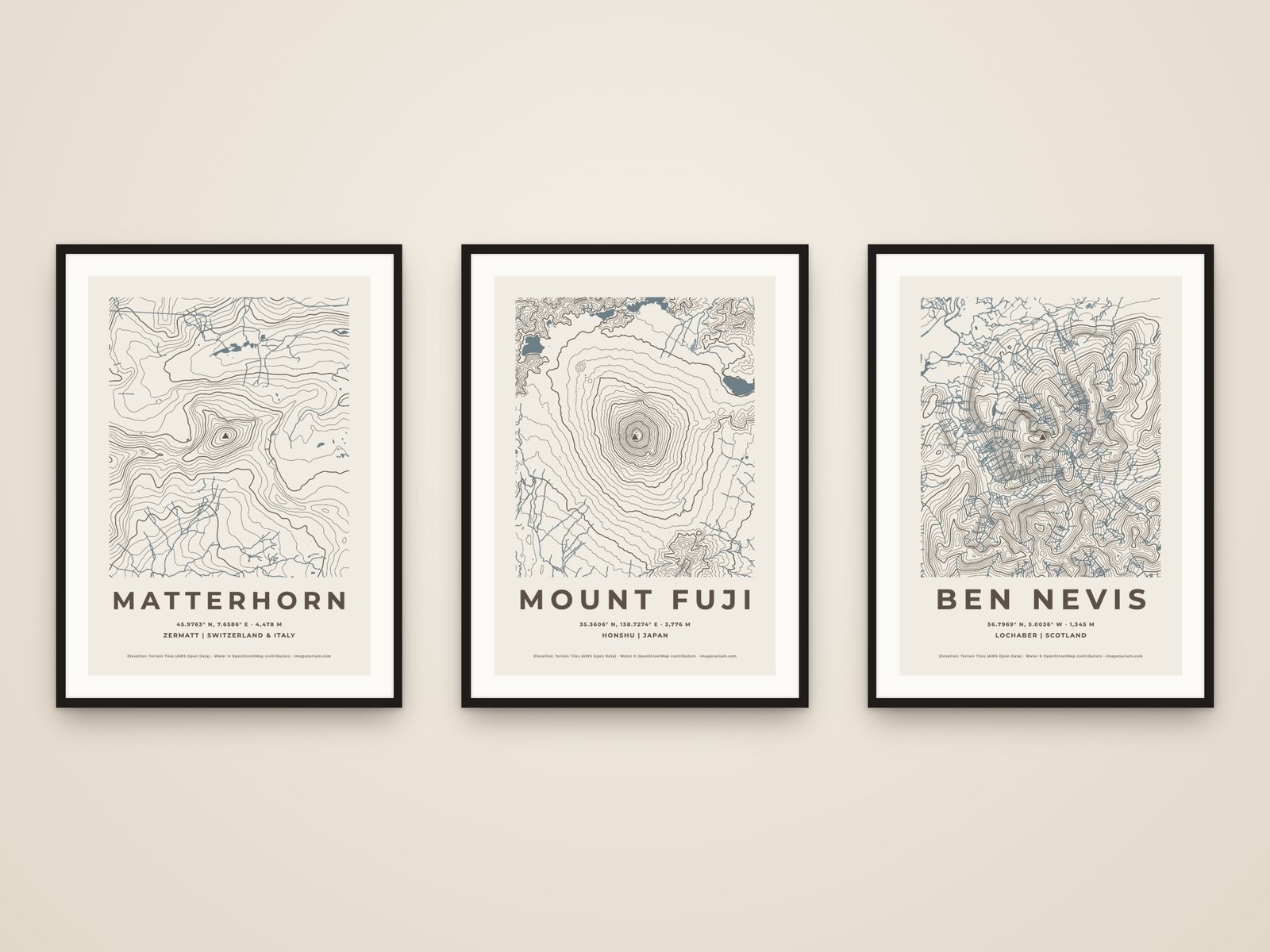 Three framed mountain topographic prints: Matterhorn, Mount Fuji and Ben Nevis