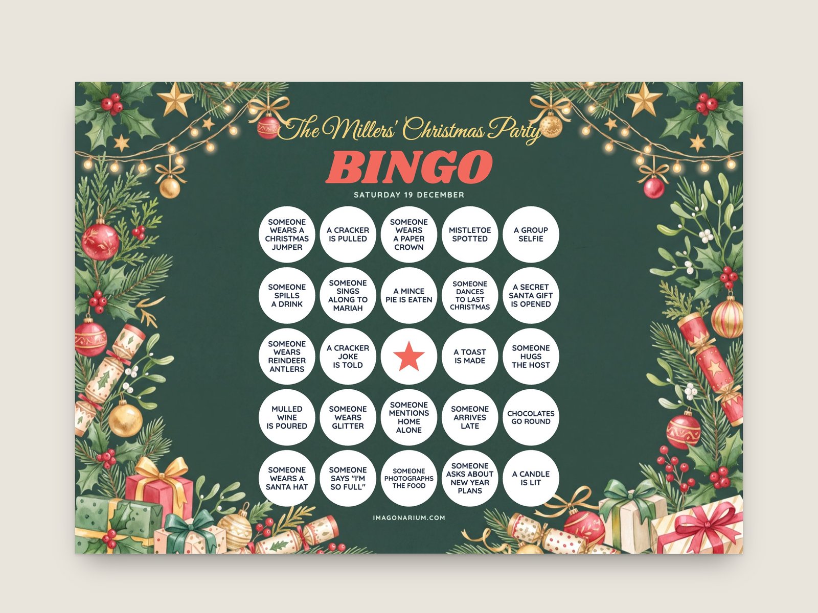 Printable personalised party bingo card