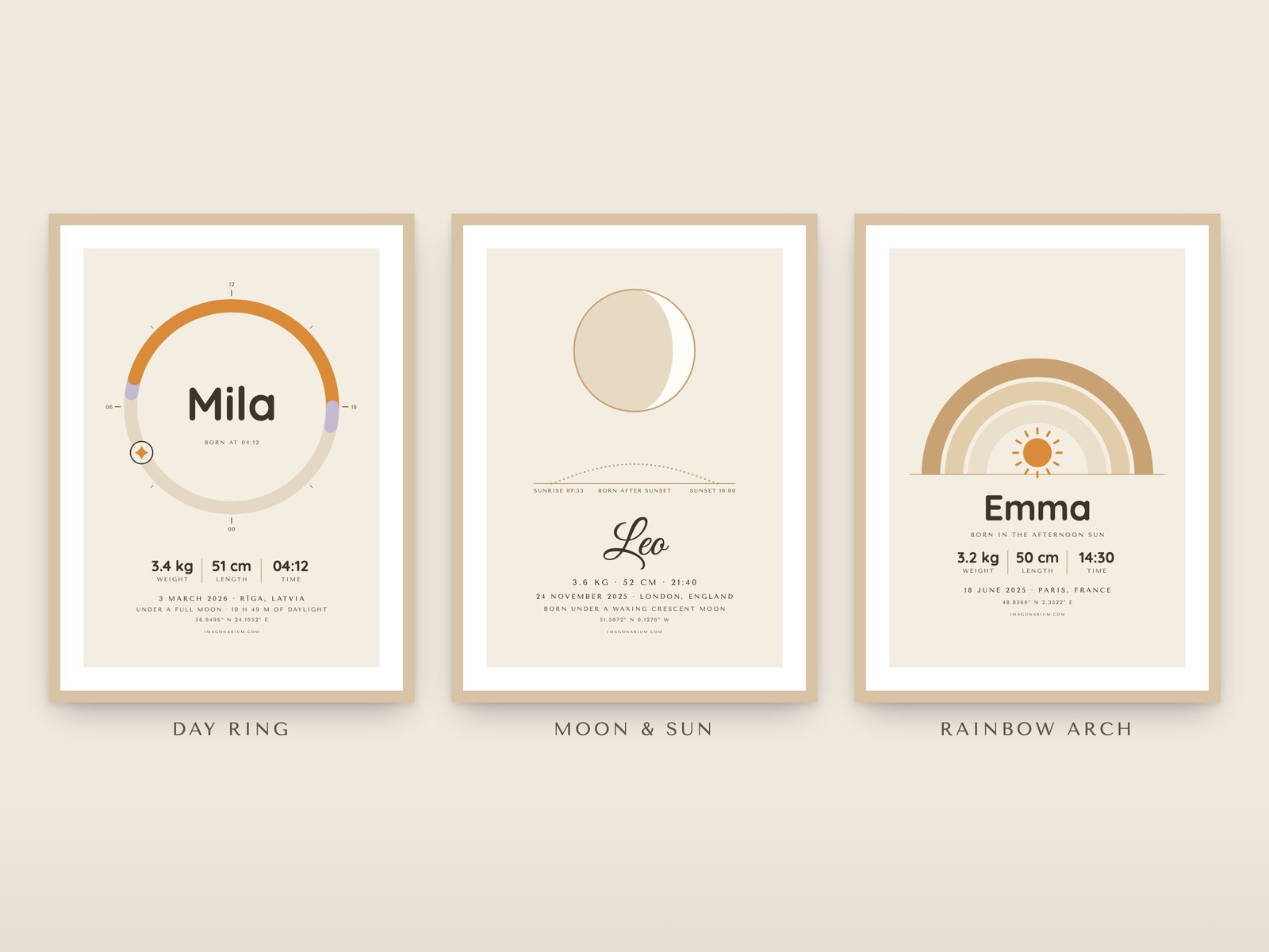 Three birth prints framed side by side: Day ring, Moon and sun, and Rainbow arch, in the Sand colours