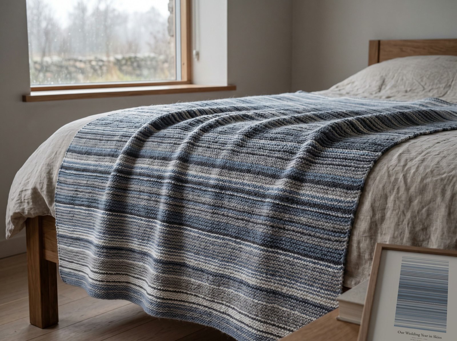 A knitted sky blanket in greys, blues and white stripes on a bed, a rainy window behind