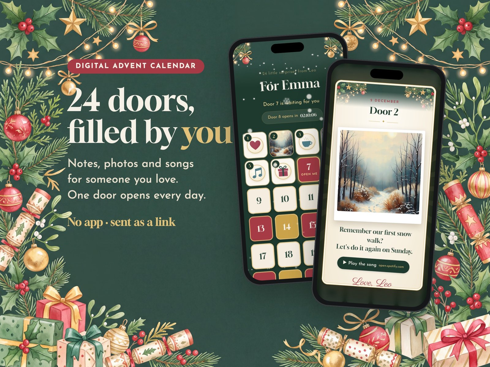 A digital advent calendar on two phones: For Emma, with today's door glowing, and door 2 opened with a photo, a note and a song