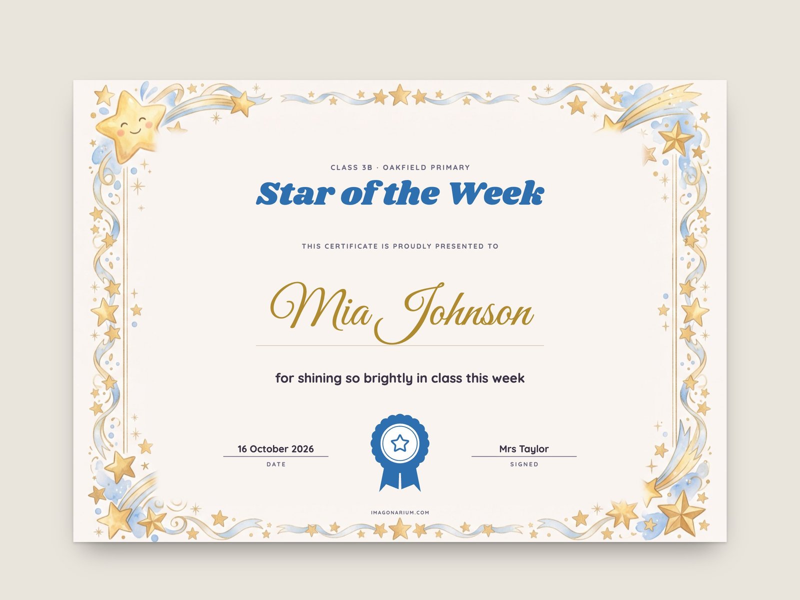 Printable personalised kids certificate
