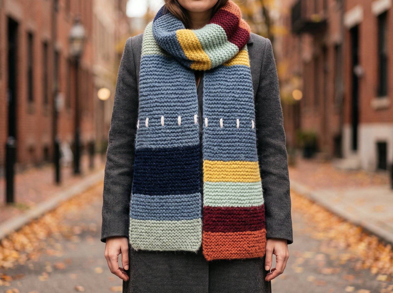 A hand-knitted warming stripes scarf worn with a grey coat on an autumn street, blues, yellows and reds in wide garter stitch stripes