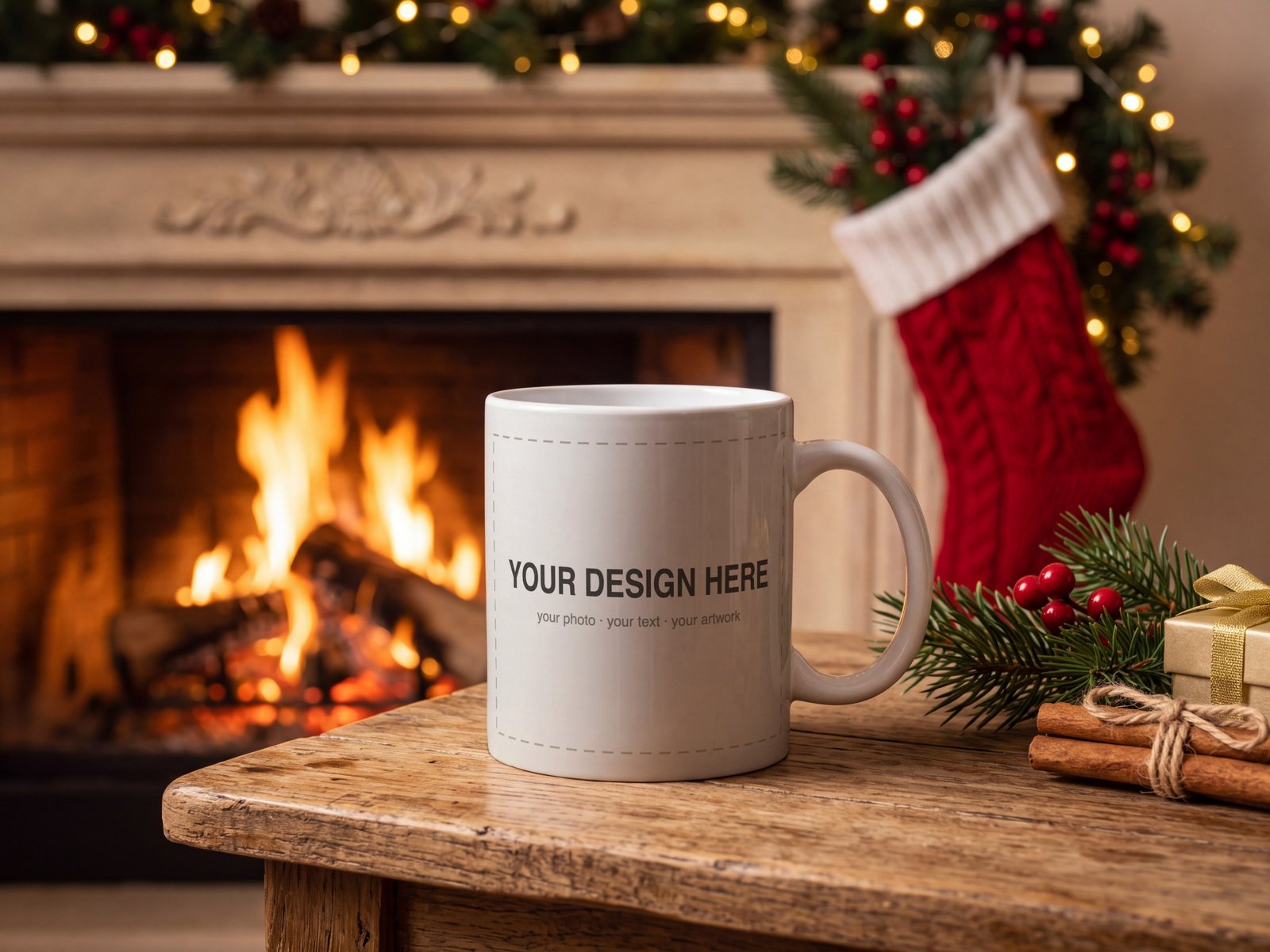 Christmas Mug Mockup PSD, White Mug by the Fireplace, Smart Object