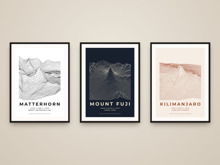 Three framed ridgeline prints: the Matterhorn in black and white, Mount Fuji in night and Kilimanjaro in terracotta
