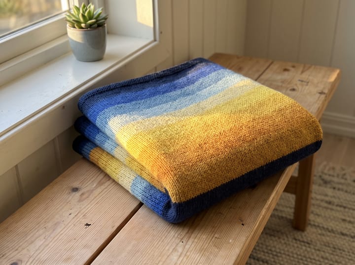 A knitted daylight blanket folded on a wooden bench in low sun, deep blue stripes fading to gold
