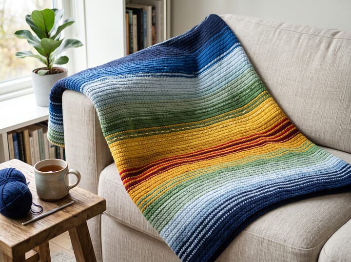 A crocheted temperature blanket draped over a linen sofa: stripes from winter navy through green and yellow to summer red and back