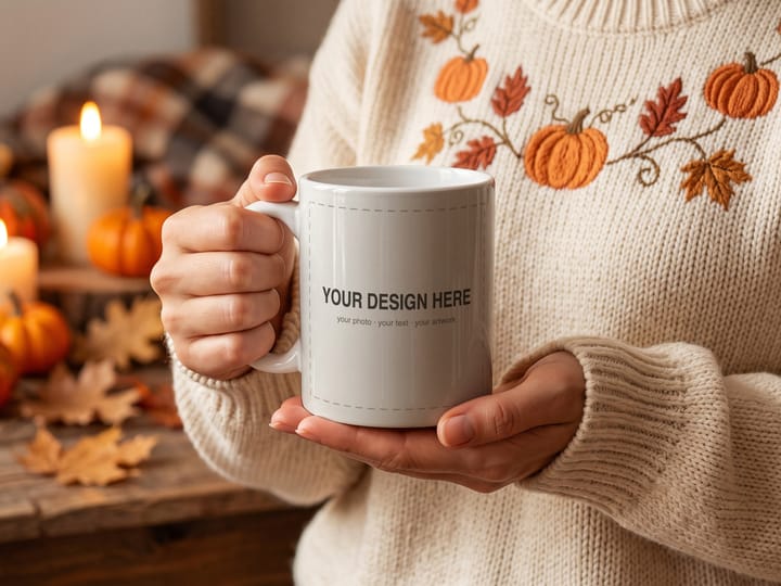 Autumn Mug Mockup PSD, Hands Holding White Mug, Halloween Scene