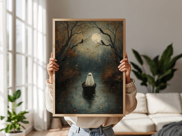 Ghost in a Rowing Boat Printable Wall Art, Moonlit Autumn River