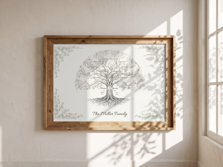 Personalised Family Tree Print — Hand-Drawn Pencil Tree with Up to 30 Names