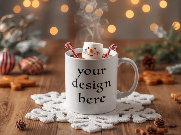 Christmas Mug Mockup PSD, White 11oz Mug with Smart Object