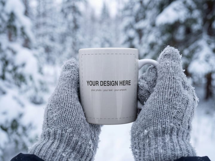 Winter Mug Mockup PSD, Mittened Hands Holding a Mug in Snow