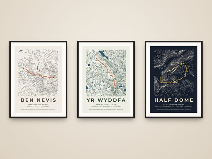 Three framed hiking route prints: Ben Nevis, Yr Wyddfa (Snowdon) and Half Dome