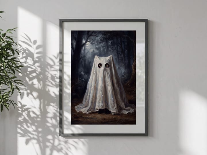 Ghost Cat Halloween Printable Wall Art, Oil Painting Style