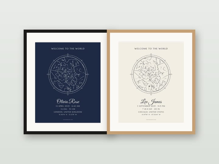 Two framed birth poster star maps: a night-blue one for Olivia Rose and a cream one for Leo James