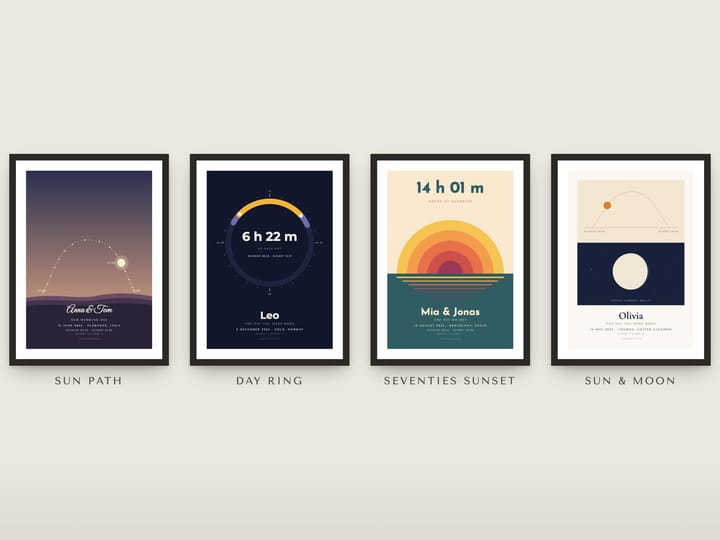 The four sun print styles framed side by side: Sun path, Day ring, Seventies sunset and Sun & moon