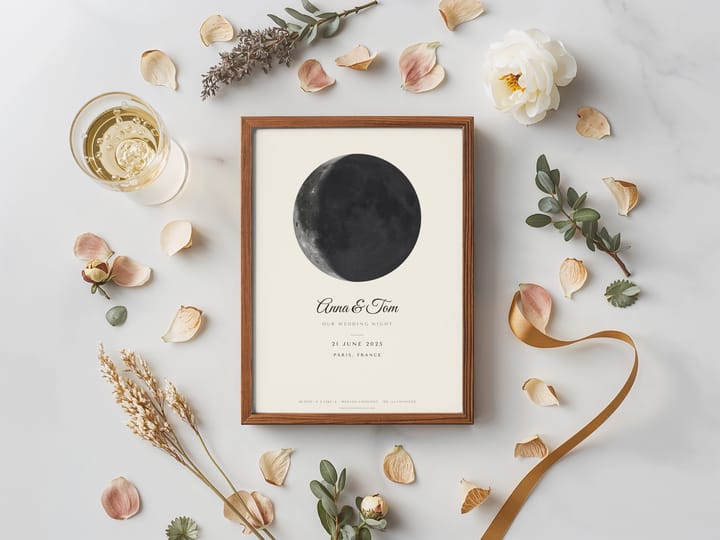 Wedding moon print with the couple's names in script, framed among flowers