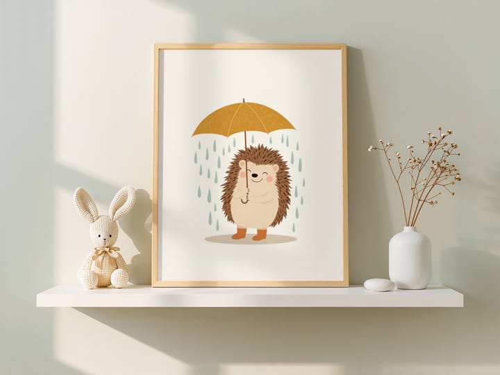 Hedgehog in the Rain Printable Nursery Art, Yellow Umbrella Print