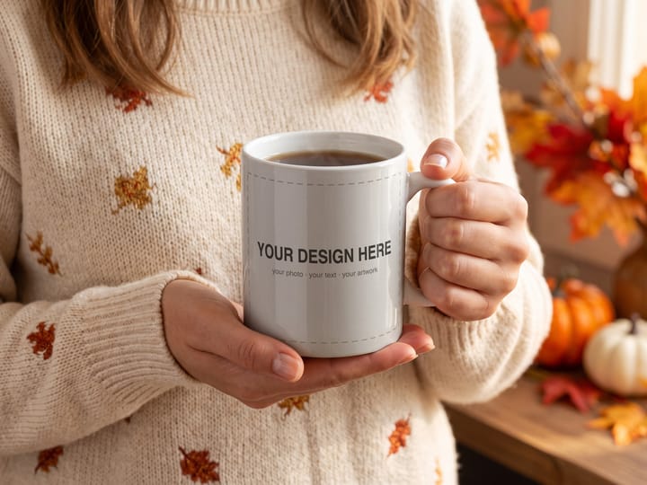Autumn Mug Mockup PSD, White Mug Held in Hands, Smart Object