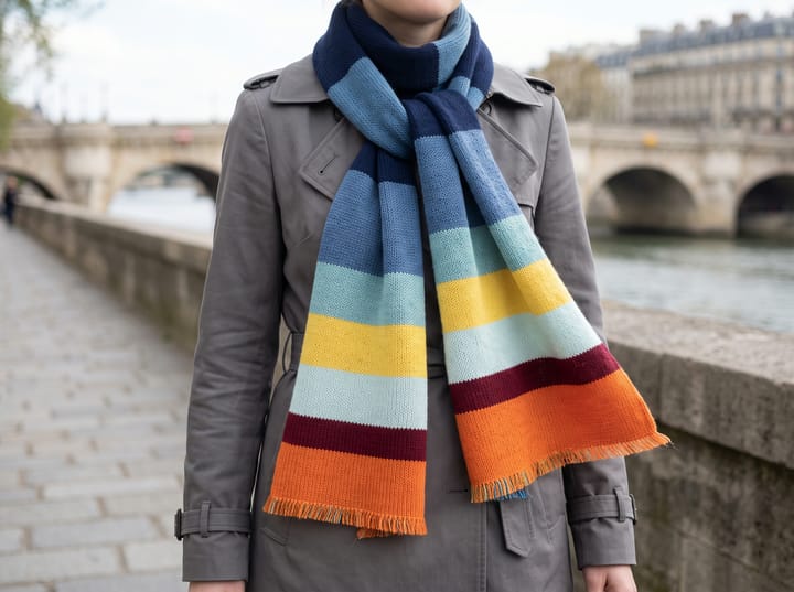 The honeymoon temperature scarf worn with a grey trench coat by the Seine in Paris, its stripes running from navy to orange