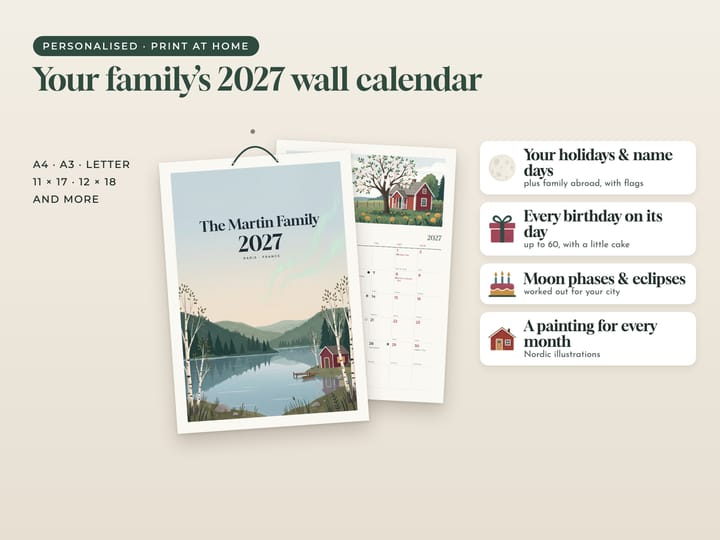 Nordic family wall calendar 2027, printable and personalised