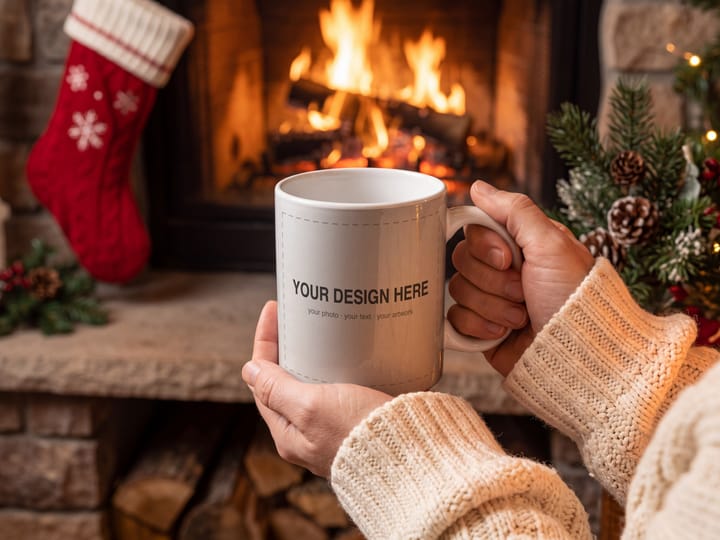 Christmas Mug Mockup PSD, Hands Holding Mug by the Fireplace