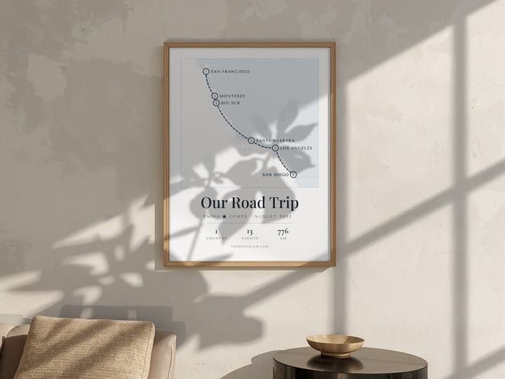 Personalised Trip Map Print — Your Honeymoon or Road Trip Route, Stop by Stop