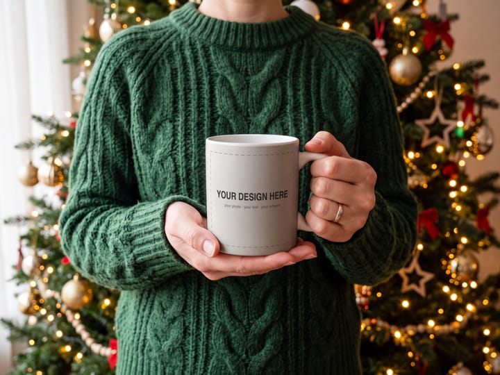 Christmas Mug Mockup PSD, Hands Holding Mug by the Tree