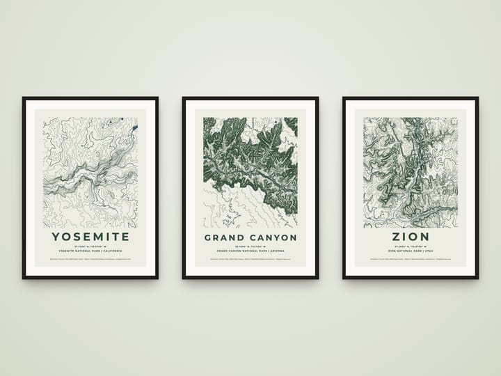 Three framed national park topographic prints: Yosemite, Grand Canyon and Zion