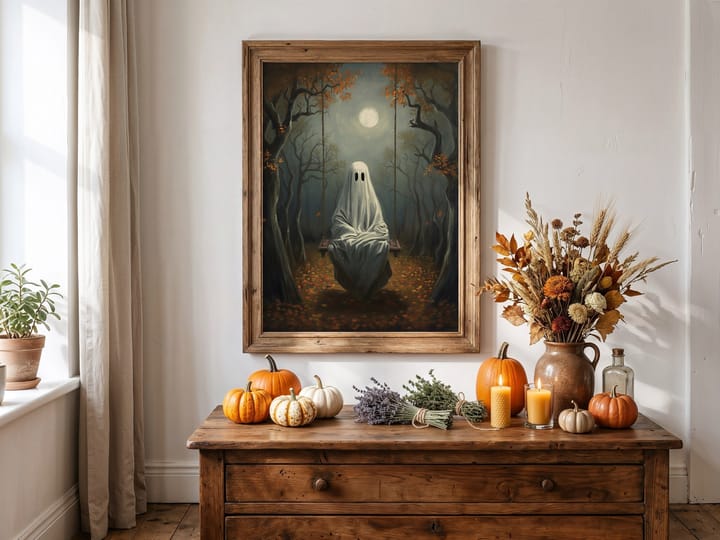Ghost on a Swing in an Autumn Forest, Halloween Printable Wall Art