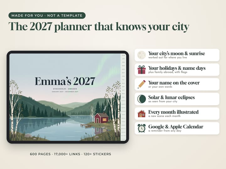Nordic Digital Planner 2027 — Personalised with Your Name, City & Holidays