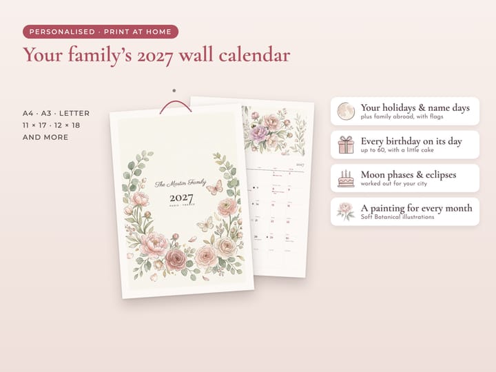 Soft Botanical family wall calendar 2027, printable and personalised