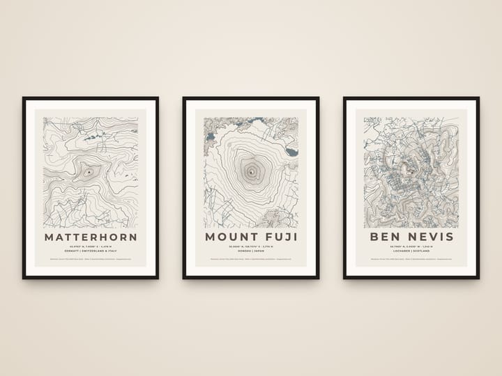 Three framed mountain topographic prints: Matterhorn, Mount Fuji and Ben Nevis