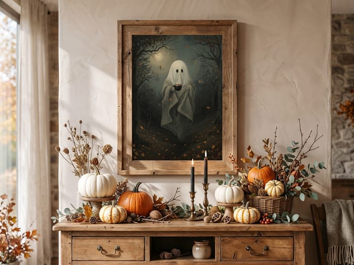 Cozy Ghost with Coffee Printable, Vintage Halloween Autumn Wall Art