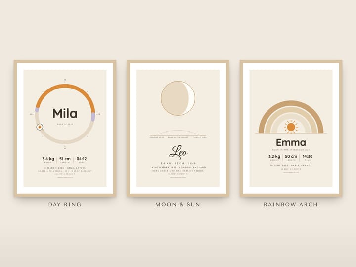 Three birth prints framed side by side: Day ring, Moon and sun, and Rainbow arch, in the Sand colours