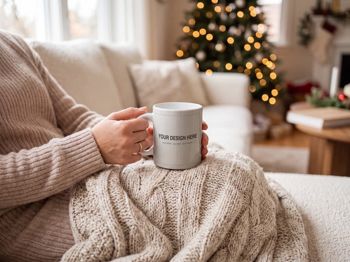 Christmas Mug Mockup PSD, Hands Holding Mug on Sofa, Smart Object